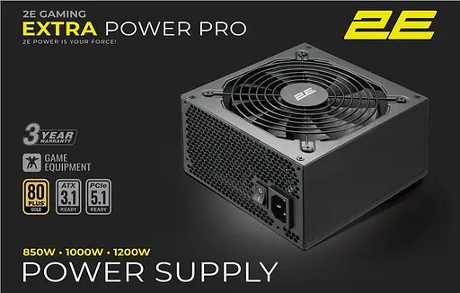 Блок питания 1000 Вт, 2E Gaming Extra Power Pro, черный, модульный, 80+ золотистый, Active PFC, 140 мм, 3xMolex/6xSATA - фото 1