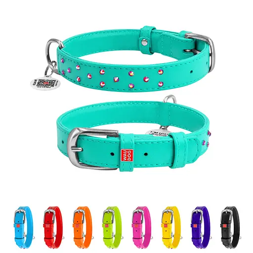 Нашийник для собак шкіряний Waudog Glamour з QR-паспортом з клейовими стразами Ш 25 мм Д 38-49 см ментоловий - фото 2