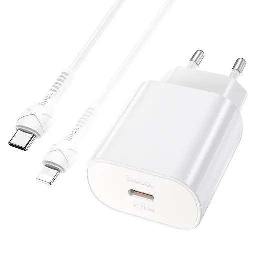Мережевий зарядний пристрій з кабелем Hoco N22 Jetta PD25W charger set (Type-C to iP)(EU) білий - фото 1