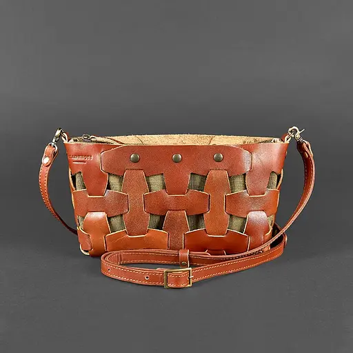 Шкіряна плетена жіноча сумка Пазл S світло-коричнева краст - фото 8