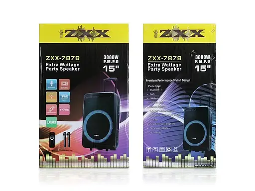 Портативна колонка ZXX-7878 Акустична система 600Вт RGB підсвічування з 2 мікрофонами і пультом 1х3" Чорний - фото 6