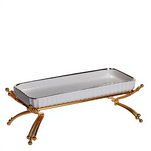 Фарфоровое сервировочное блюдо на металлической подставке 37×18×5 (см) блюдо для подачи закусок Белый с золотом Yiwu LB-1566G