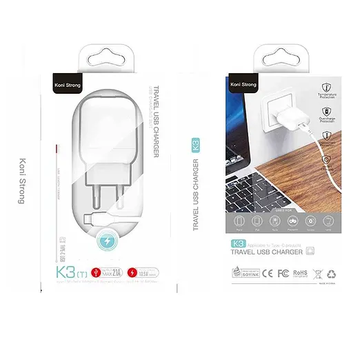 Адаптер мережевий KONI STRONG Type-C cable K3 (T) 1USB 10.5W білий - фото 1