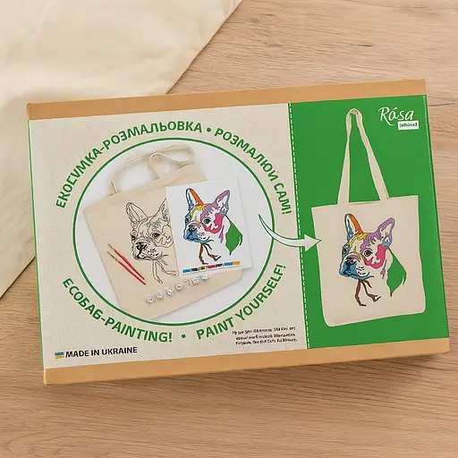 Набір екосумка-розмальовка „Яскравий мопс“ бавовна 220 г/м2 38х42см ROSA Talent [CD]