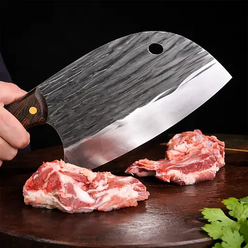 Кухонный нож-топорик мясницкий кливер для рубки мяса и овощей из нержавеющей стали с кованым лезвием с деревянной рукояткой 26 см 88211 - фото 2