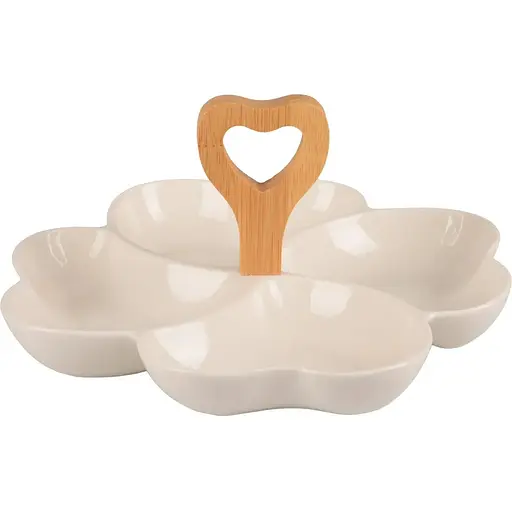 Блюдо LED Heart порцелянове Менажниця 4 секції з бамбуковою ручкою 23.5х3.6 см (B010381)