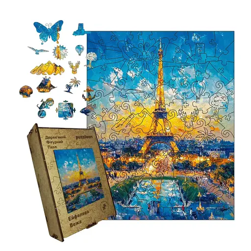 Деревянный фигурный пазл Эйфелева Башня, А3, Картонная коробка 200 элементов