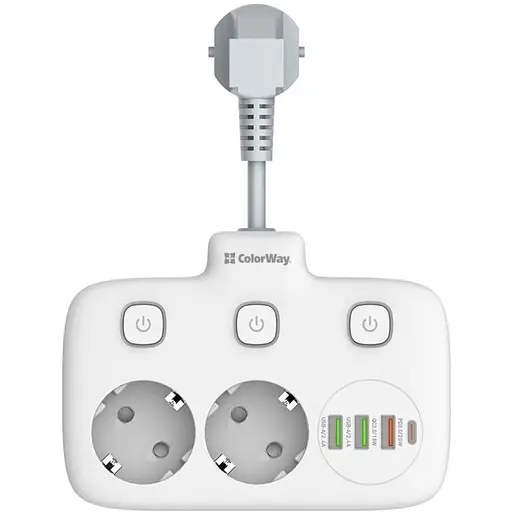 Фільтр мережевий СolorWay 0.025 м White 2xРозетки 220V 3xUSB 1xType-C 10 A до 2.5 кВт USB Auto ID QC3.0 PD (CW-CHE24PDW) - фото 2