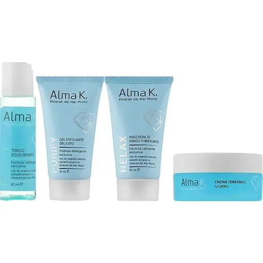Набір догляду за обличчям Alma K First Face Care Kit: Делікатний очищающий гель для обличчя 30 мл + Балансуючий тонік для обличчя 15 мл + Зволожуючий денний крем для обличчя 15 мл + Очищаюча маска особи 30 мл (125102) - фото 2