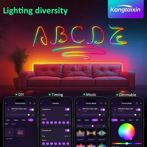 Kangtaixin 3.3FT/1M Світлодіодні неонові мотузкові світильники, RGB LED Strip Lights Керування застосунком, синхронізація музики - фото 5
