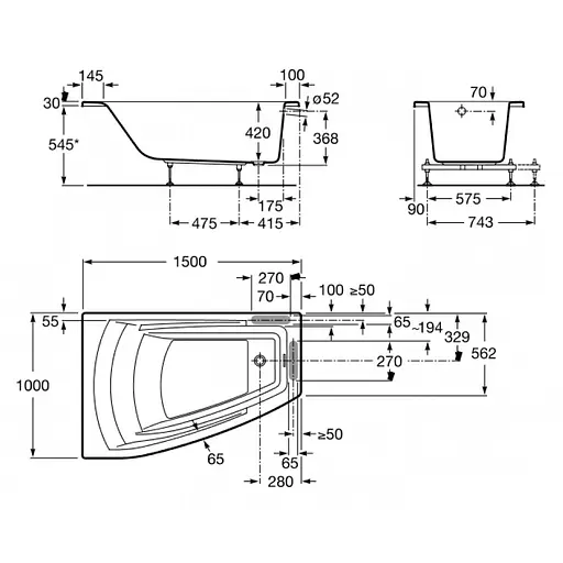 Ванна акрилова з ніжками і підголівником Roca Hall 150x100 ліва A248164000 - фото 2