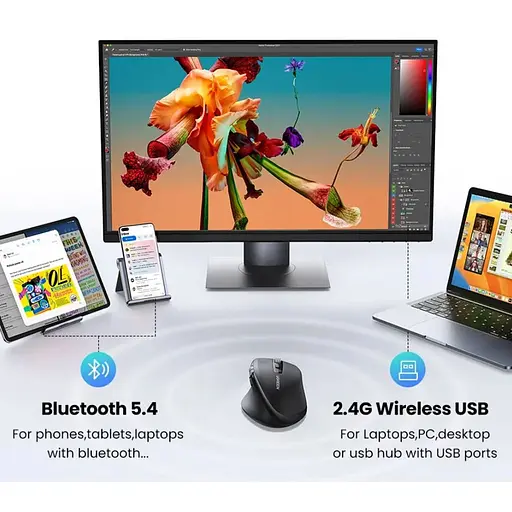 Мишка UGREEN 2.4GHz&BT M751 Ergonomic Contoured-Shape, бездротова, 5000dpi., 5кн., Чорна - фото 5