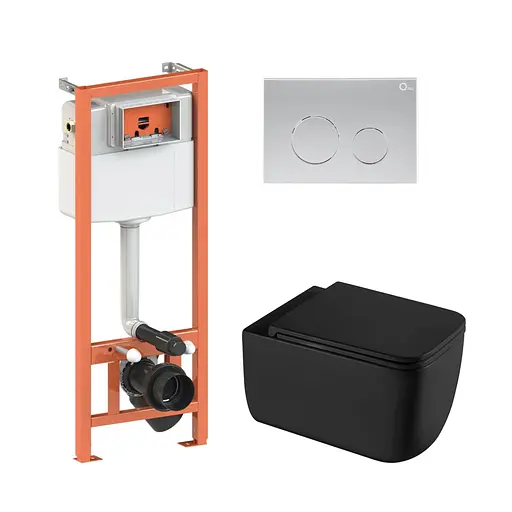 Подвесной унитаз Qtap Gemini Ultra Quiet + инсталляция Qtap Nest 4 в 1 (круглая клавиша Satin), Черный - фото 1