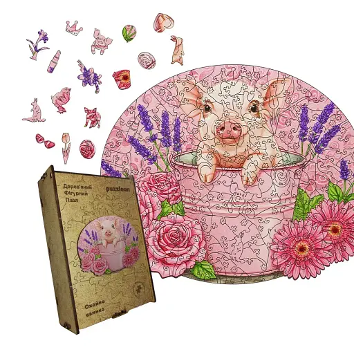 Дерев'яний фігурний пазл Охайна Свинка, А1, Дерев'яна коробка 500+ елементів