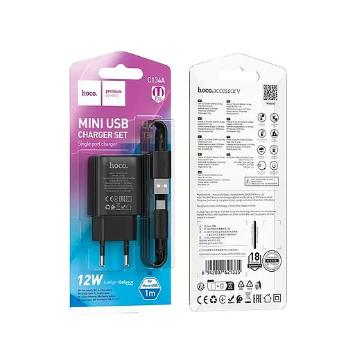 Адаптер сетевой Hoco Micro USB Cable Solid single port charger C134A | 1USB, 12W/2.4A | - фото 2