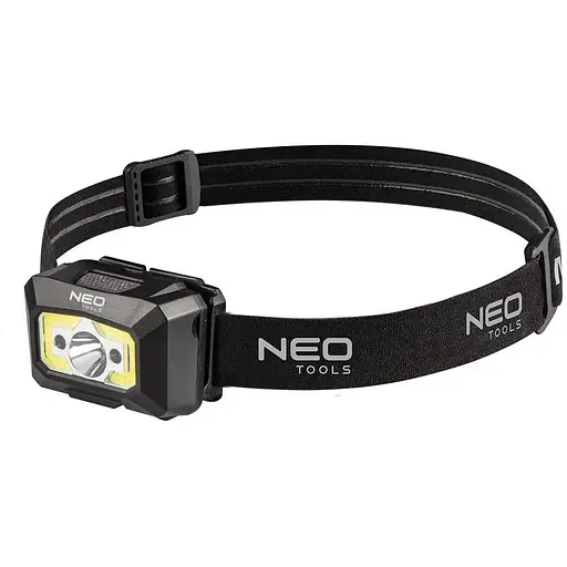 Neo Tools Ліхтар налобний акумуляторний, 1200мАг, 250лм, 3Вт, 5 функцій освітлення, червоне світло, датчик руху, індикатор заряду