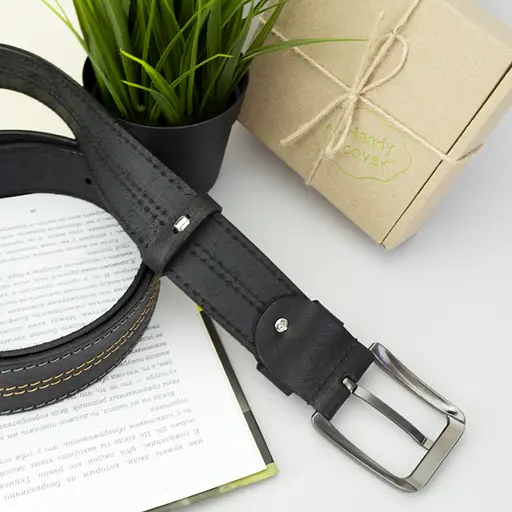 Ремень мужской кожаный черный SF-4001 (125 см) винтажный со строчкой - фото 4