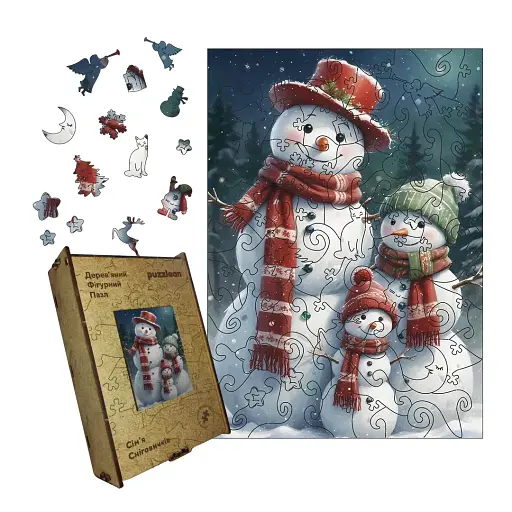 Деревянный фигурный пазл Семья Снеговичков, А1, Картонная коробка 500+ элементов