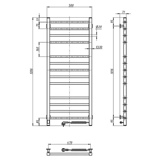 Электрический полотенцесушитель Navin Классик Квадро 500x1200 Sensor правая с таймером, черный муар 00-044050-5080, Черный матовый, Правое, Электронный - фото 8