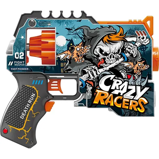 Игрушечный детский пистолет автомат. барабан на батарейках с мягкой. патронами Безумные Гонщики (12 шт.) (21х19см) - фото 1