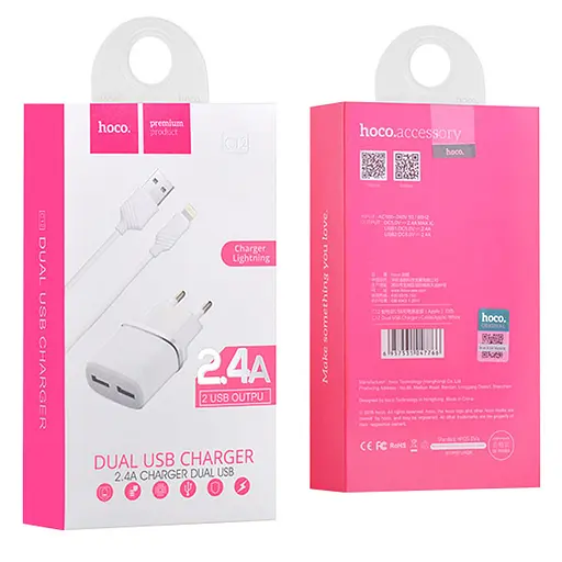 МЗП Hoco C12 Charger + Cable Lightning 2.4A 2USB Білий - фото 3