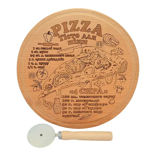 Доска для пиццы кухонная разделочная деревянная из бука с каймой, гравировкой и ножом для пиццы Ø 35 см, Woodly Бежевый 87295 - фото 2