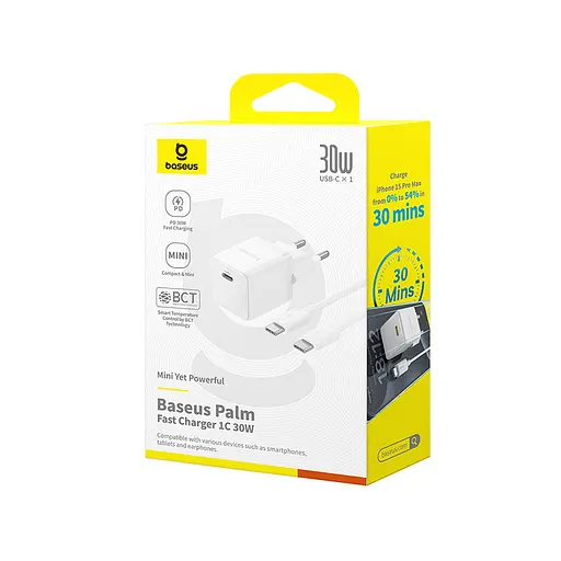 Сетевое зарядное устройство с кабелем Baseus Palm Fast Charger 1C 30W EU Moon белый(With:Baseus Mini белый Cable C to C - фото 2