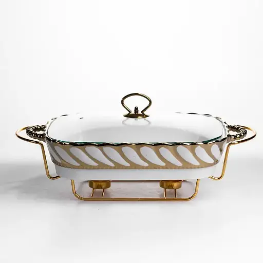 Мармитница фарфоровая Yiwu Tiffany 2 л со стеклянной крышкой на металлической подставке с подогревом 38х30х7 см мармит для первых блюд SG-428-15 - фото 1