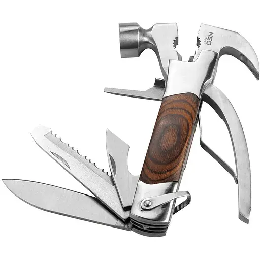 Neo Tools Мультитул, 13в1, молоток, плоскогубці, гайкогубці, кусачки, цвяходер, викрутки 2хSL і PH, пилка, напилок, два ножі, консервний ніж, чохол