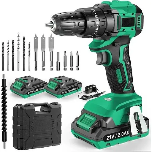 Акумуляторний дриль-шурупокрут Emisse 21V, безщітковий, з 2 акумуляторами 2.0Ah, 45 Н·м, 20+3 рівні крутного моменту, 14 аксесуари