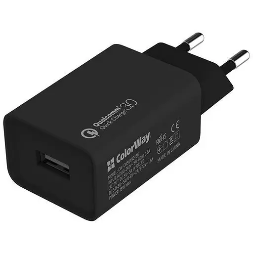 Зарядний пристрій ColorWay Quick Charge 3.0 18W Black + кабель Type-C 1 м Black