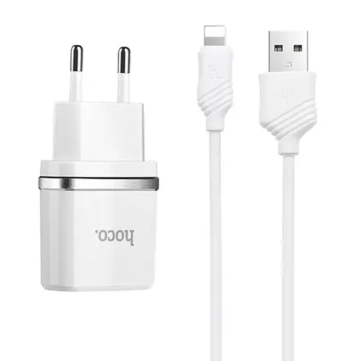 Адаптер живлення 2 USB Hoco C12 + Юсб кабель для iPhone набір білий 6957531047766 - фото 2