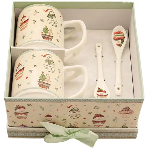 Чайный набор R36252 Домашнее Рождество керамика с ложками в подарочной коробке 280 мл Белая 2 чашки - фото 1