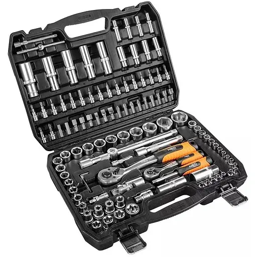 Neo Tools Набор инструментов, Набор торцевых головок, 108шт, 1/2", 1/4", CrV, кейс