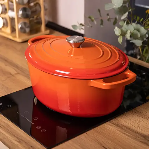 Гусятниця чавунна емальована з кришкою на 6 літрів Ø26 см для всіх типів плит Жовтогарячий Yiwu HP-1-10-ORANGE - фото 2