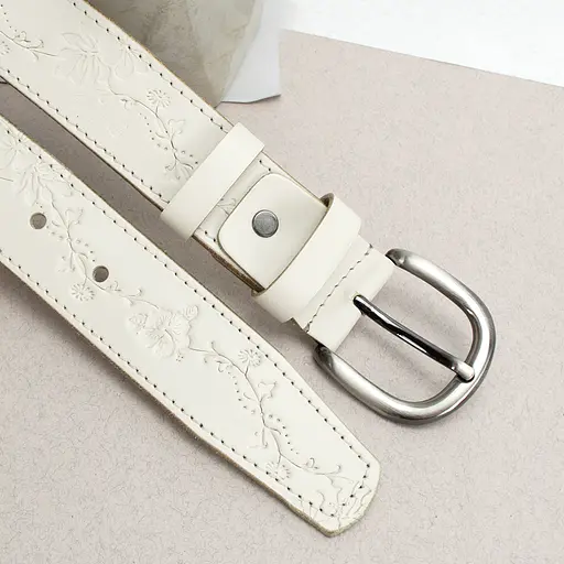 Ремень кожаный женский молочный батальный SF-3531 (145 см) с цветами - фото 4