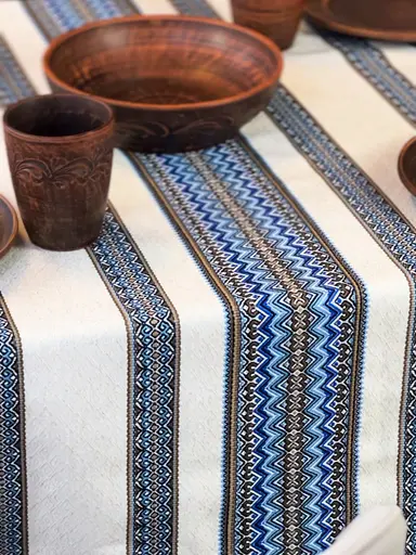 Лляна скатертина різдвяна з українським орнаментом "Рандеву синій" - 330х150 см - фото 2