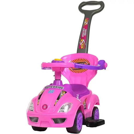 Каталка-толокар Bambi M 4205-8 з батьківською ручкою, музичний, з пищалкою на кермі, багажником, рожевий