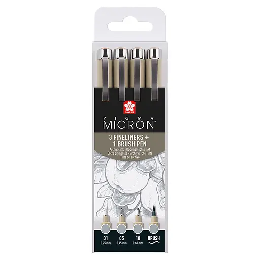 Набір лінерів Pigma Micron 4шт (0.1/0.5/10/лінер-пензель Pigma Brush) Сірий Світлий Sakura - фото 1
