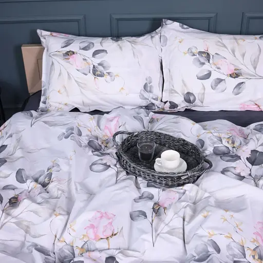 Простыня MirSon Поплин 00-7 Pink Flowers 200x220 см серая (2200009706790) - фото 7