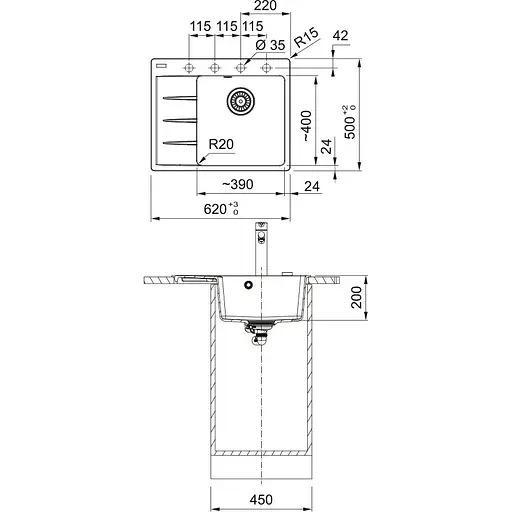 Кухонна мийка Franke Centro, фраграніт, прямокутник, з крилом, 620х500х200мм, чаша - 1, врізна, CNG 611-62 TL, сірий камінь - фото 2