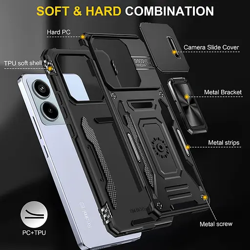 Ударостійкий чохол Epik Camshield Army Ring для Xiaomi Poco X6 Pro Чорний / Black - фото 5