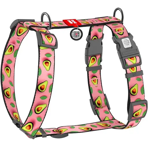 Шлея для собак Waudog Nylon анатомічна H-подібна з QR-паспортом, малюнок "Авокадо на рожевому", пластиковий фастекс, XL