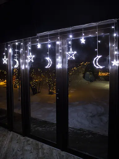 Гірлянда на вікно Біла 3 метри Бахрома Зірки та Місяць 138 лампочок Laplandia світлодіодна від мережі (w.02.5Т.138+L)