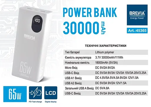 Зовнішній акумулятор brevia 30000mAh 65 W з дисплеєм - фото 6