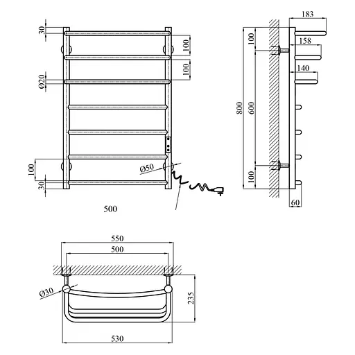 Полотенцесушитель электрический Kroner KRP Prima ER800x500-7 (CV036337) - фото 6
