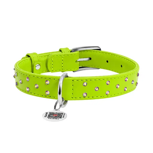 Нашийник для собак шкіряний Waudog Glamour з QR-паспортом з клейовими стразами Ш 25 мм Д 38-49 см салатовий - фото 3