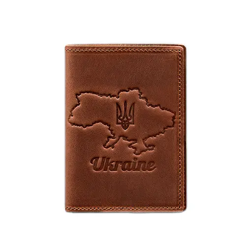 Кожаная обложка для паспорта с картой Украины светло-коричневый Crazy Horse - фото 8