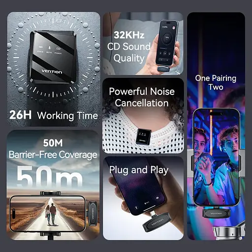 Бездротовий подвійний петличний мікрофон Vention USB-C 2-Pack Wireless Lavalier Black - фото 3