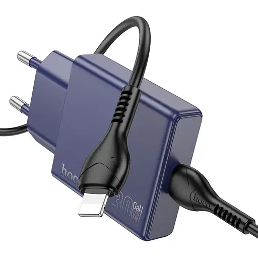 Мережевий зарядний пристрій Hoco N44 Type-C PD 30W + кабель Type-C to Lightning titanium синій - фото 1